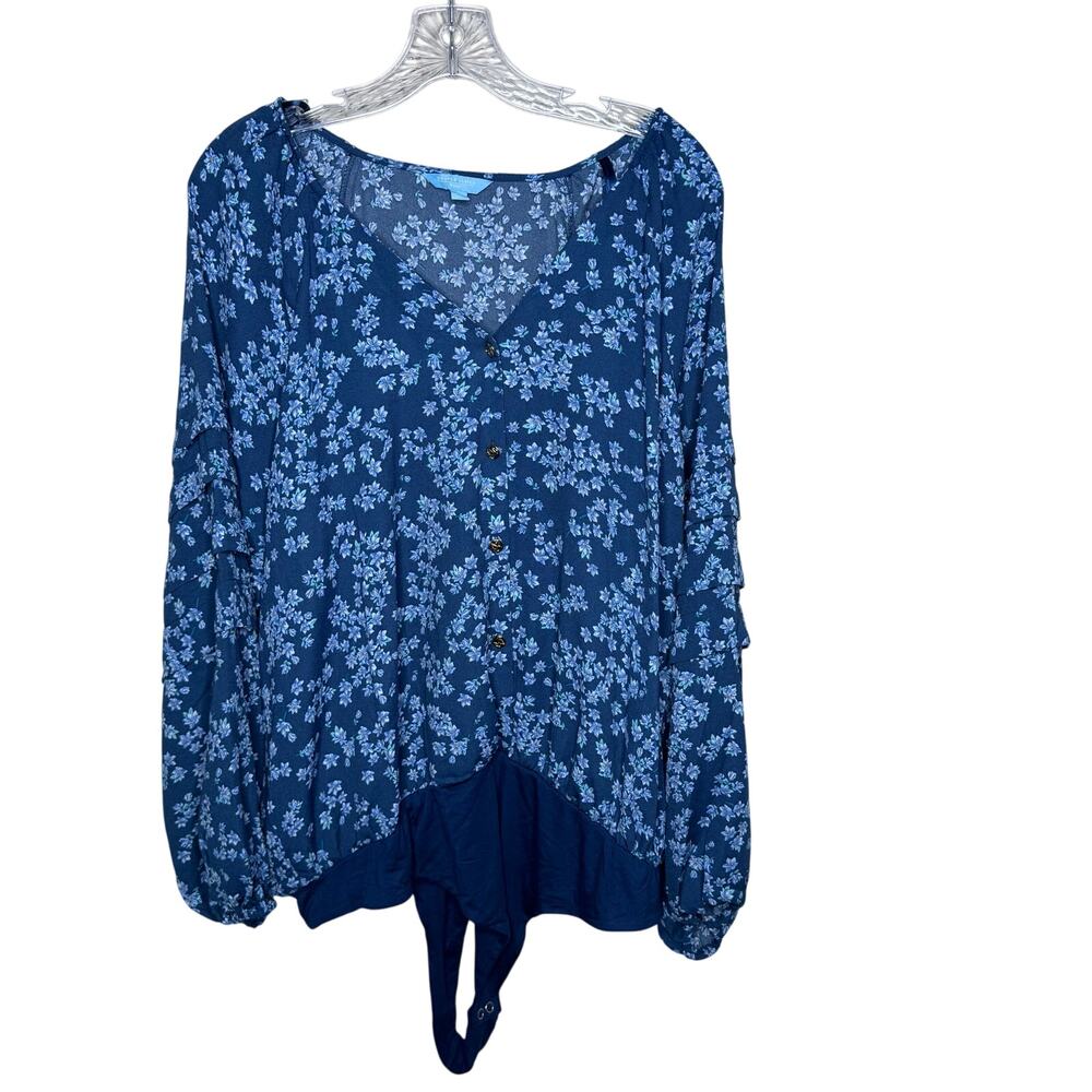 Draper James RSVP Blue‎ Floral Long Sleeve Bodysuit Top Size 2X